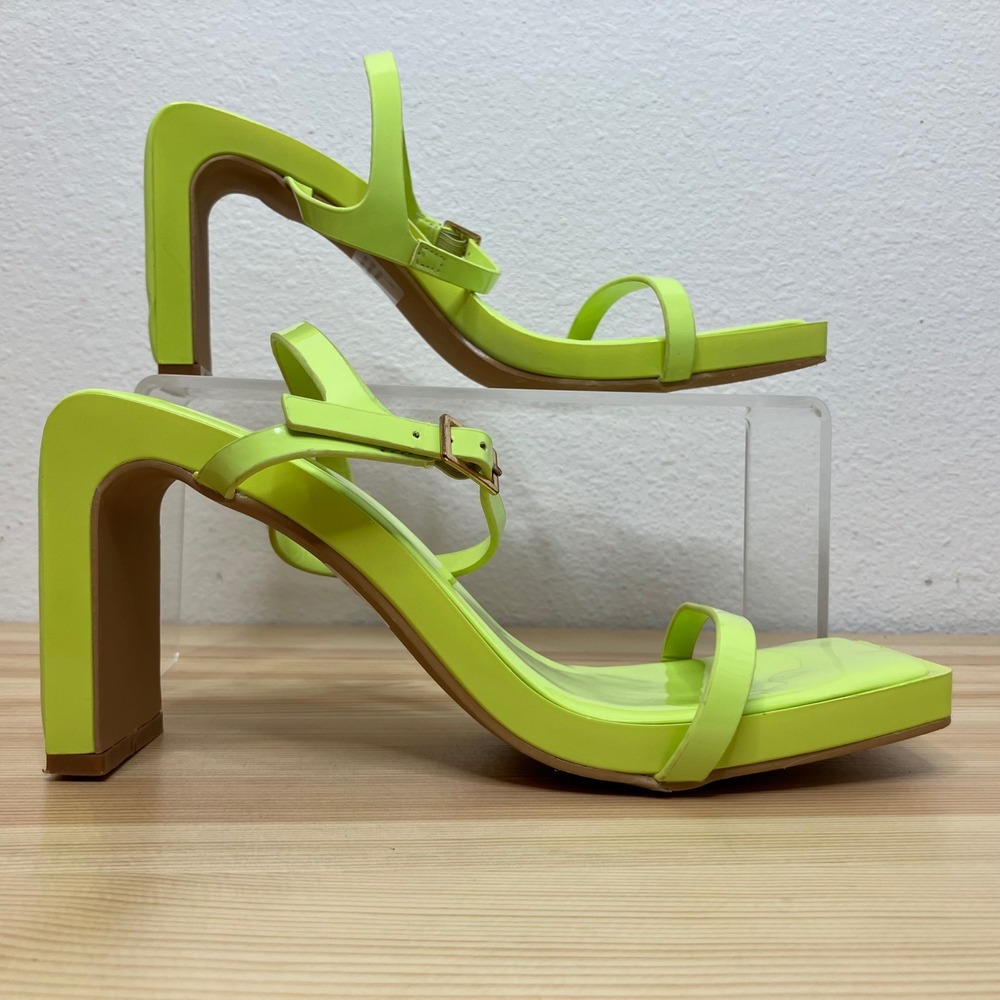 Cape Robbin Zakia Block Heels Women 6 Neon Lime Green Patent Square Toe Pumps